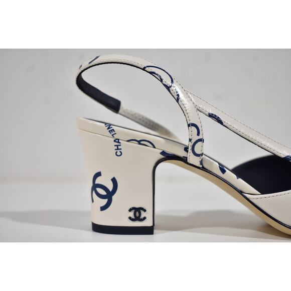 Chanel 23P Mademoiselle Coco Sling White Blue CC Logo Slingback Sandal Heel 40 - Picture 4 of 10